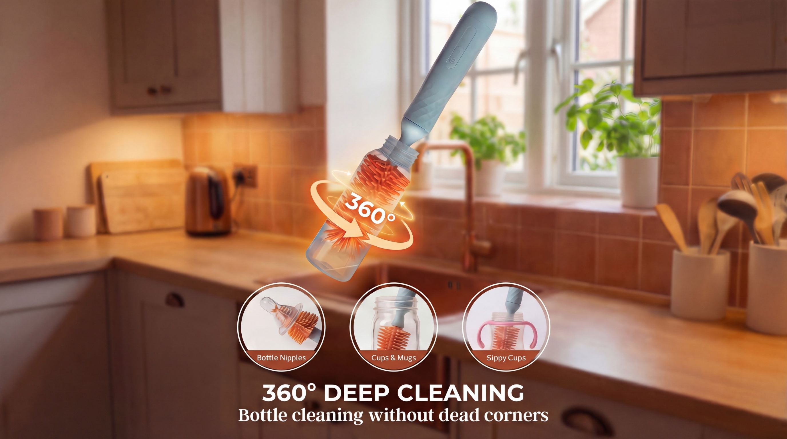 Kitchen sink with a cleaning brush and text about 360-degree deep cleaning.