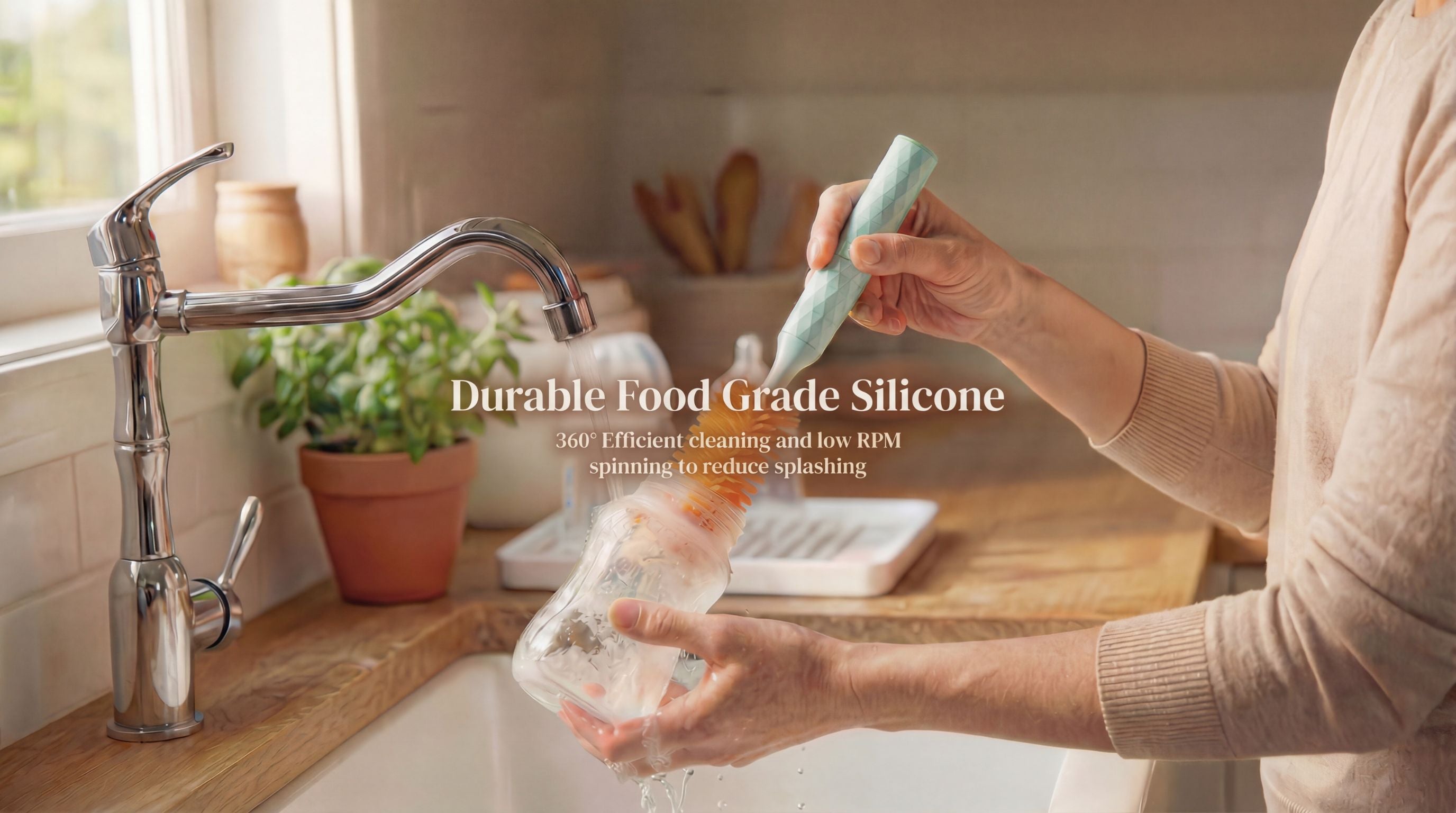 Person cleaning a container with a sponge in a kitchen, with text about durable food-grade silicone.