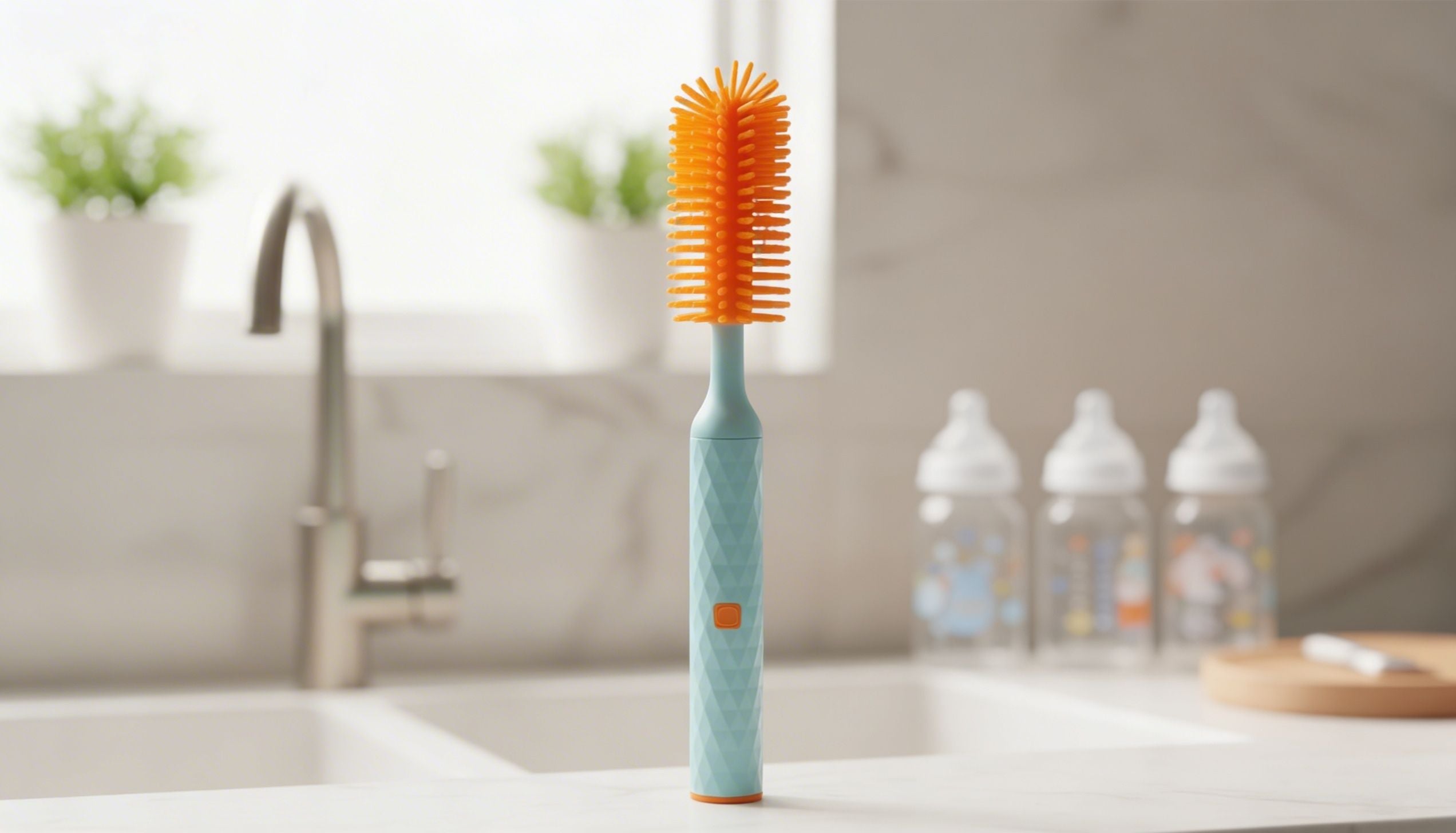 Kitchen cleaning brush with orange bristle head and blue handle on a kitchen counter.