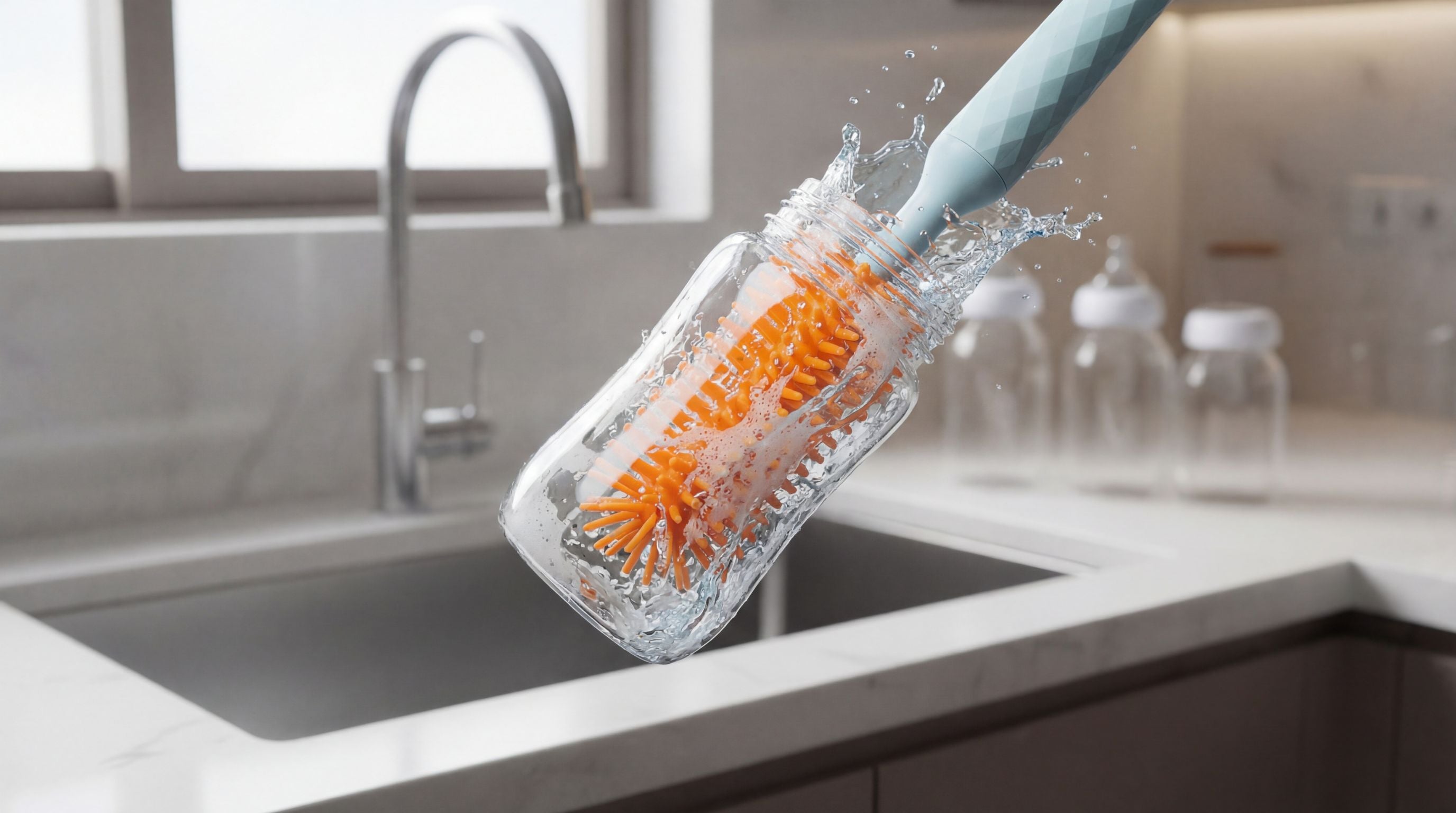 Cleaning brush with water splashes over a kitchen sink