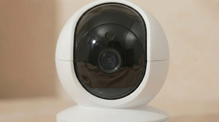 White security camera with black lens on a beige background