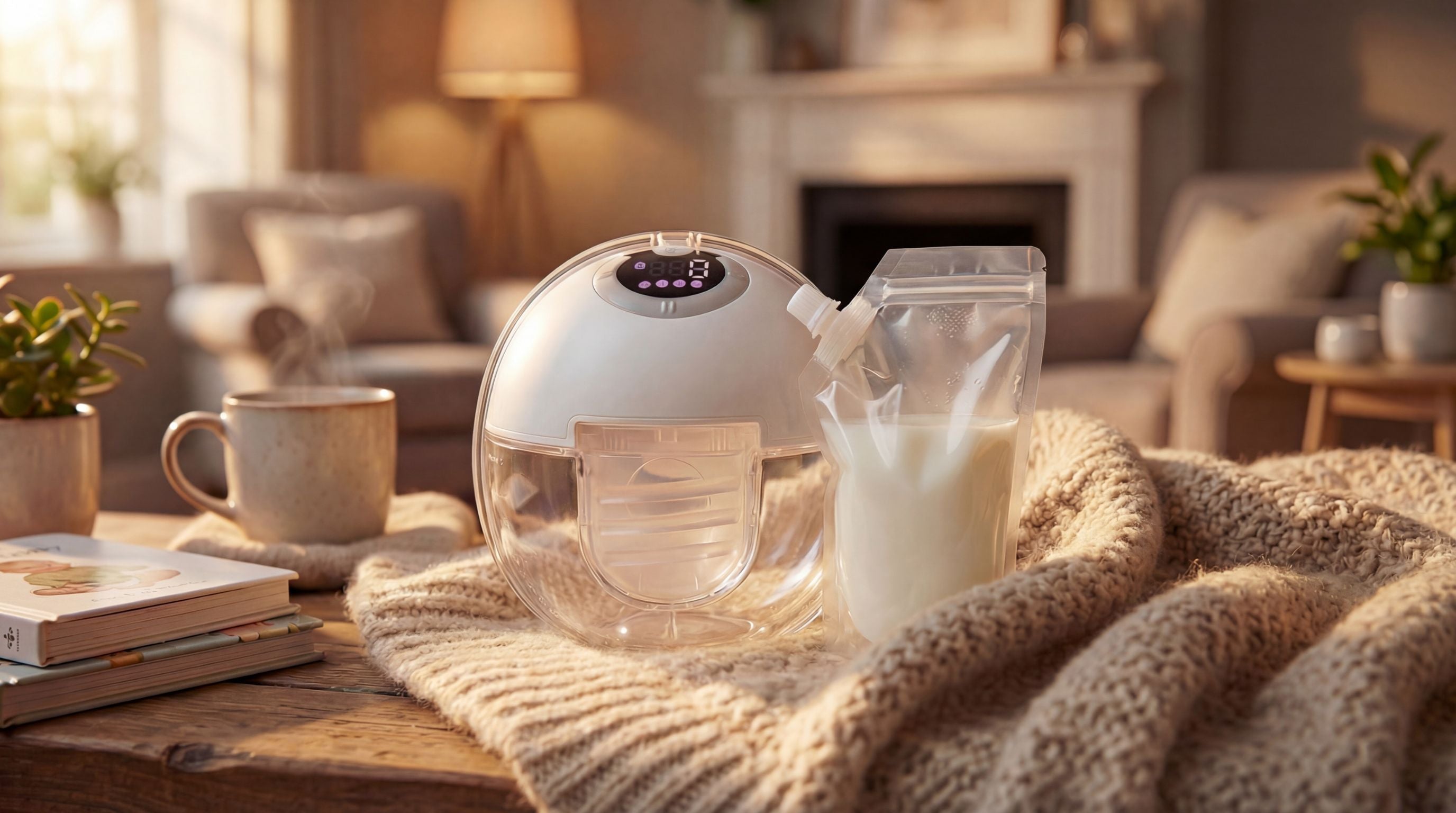 Coway air purifier on a wooden table with a cozy living room background