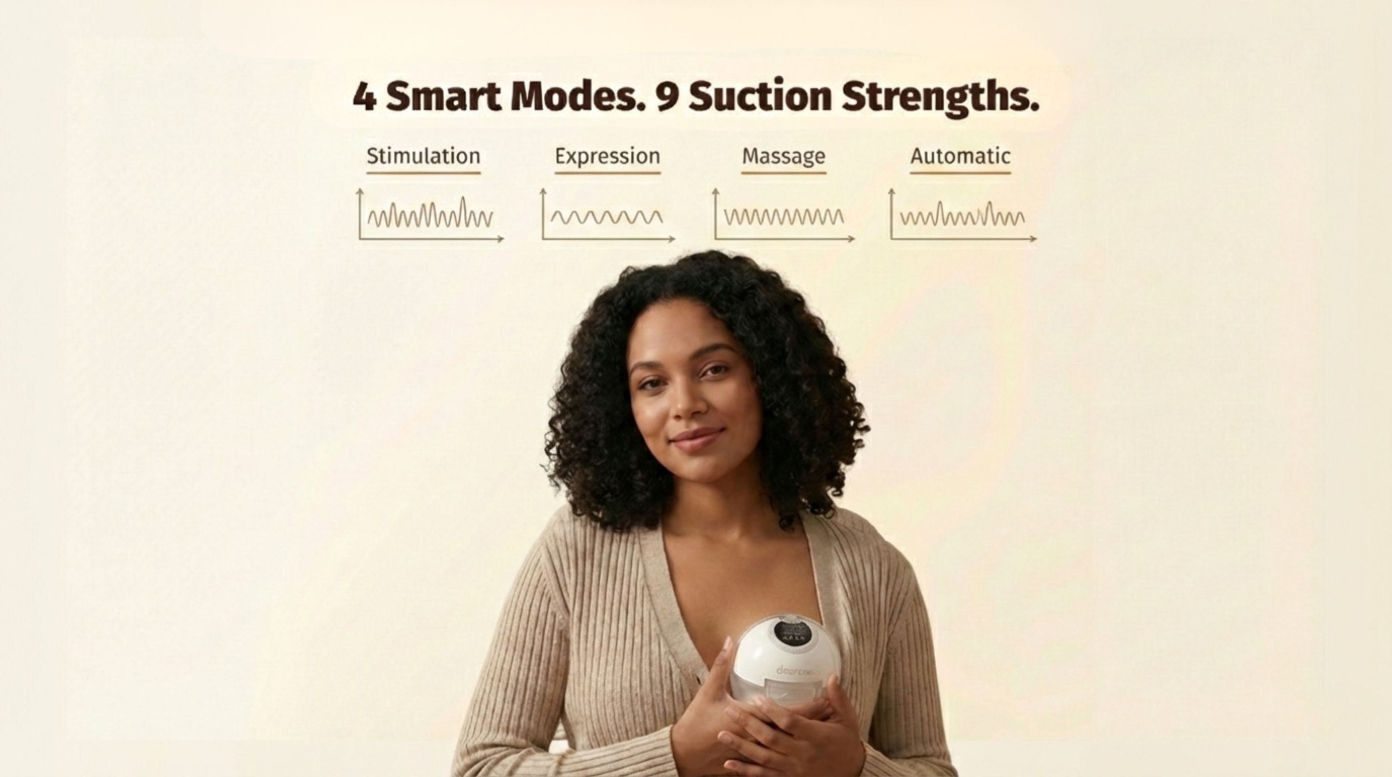 Woman holding a device with text about smart modes and suction strengths on a beige background