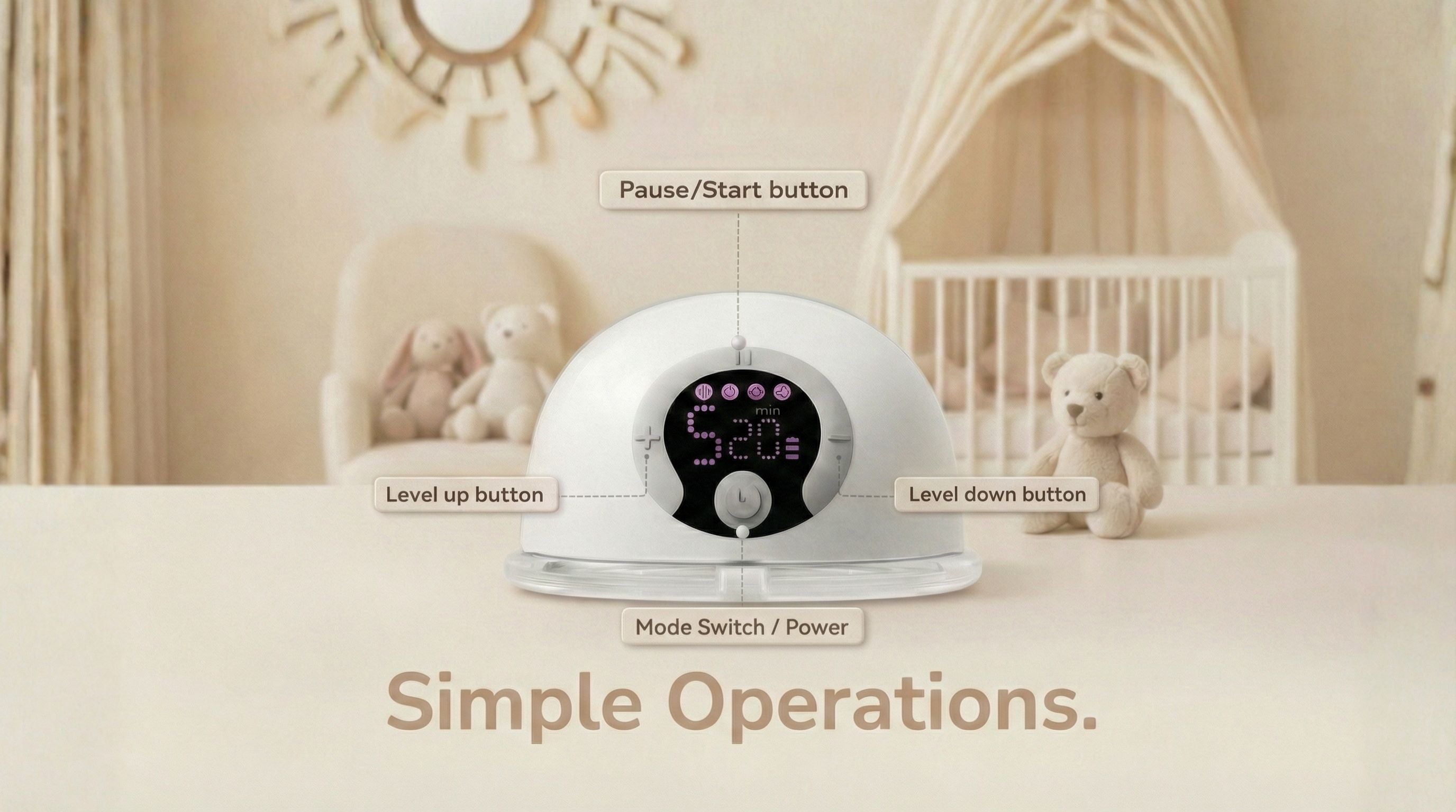 MamaRoo BreastFit Pro Breast Pump with labeled buttons in a nursery setting