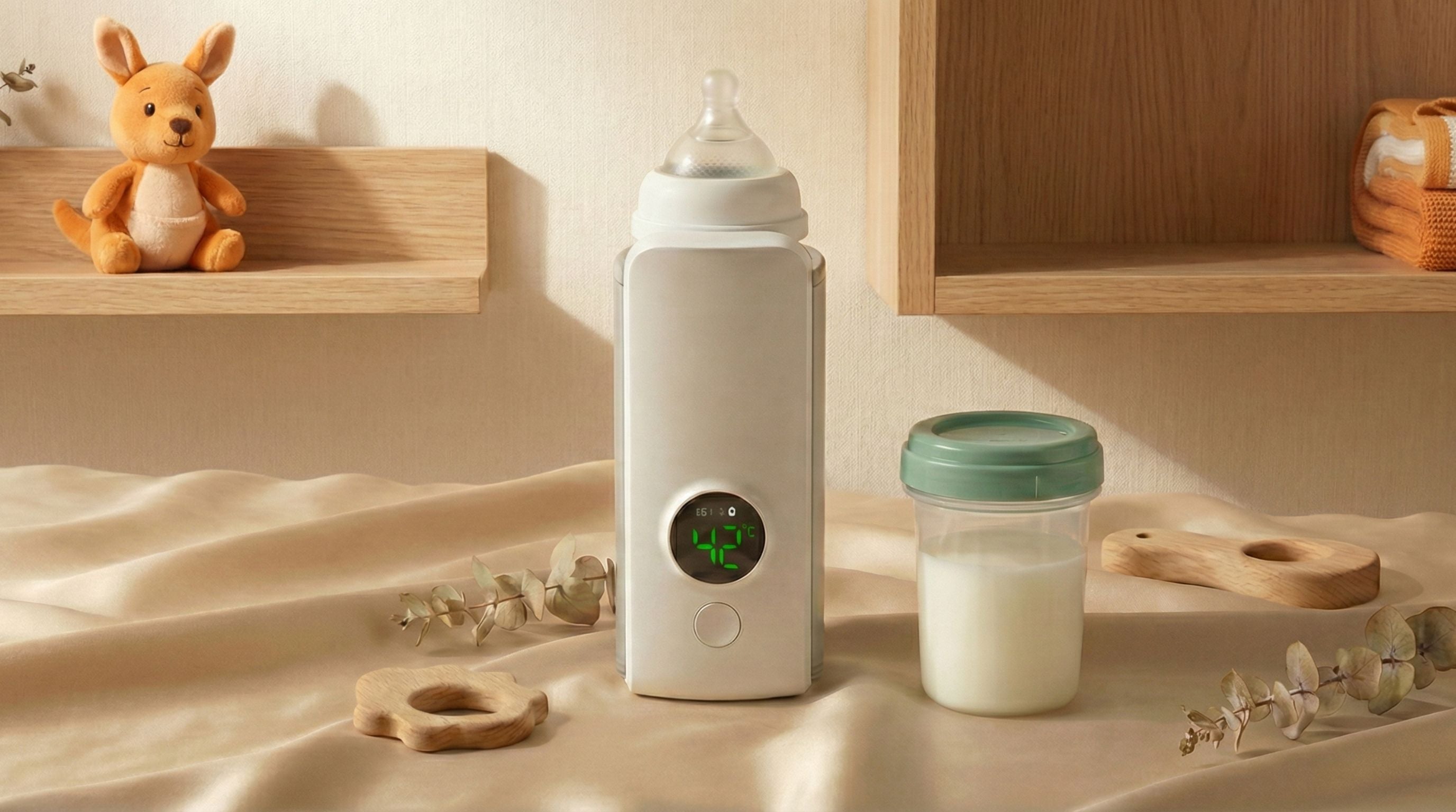 Dearoo Baby bottle with digital display and container of milk on a soft surface with toys in the background