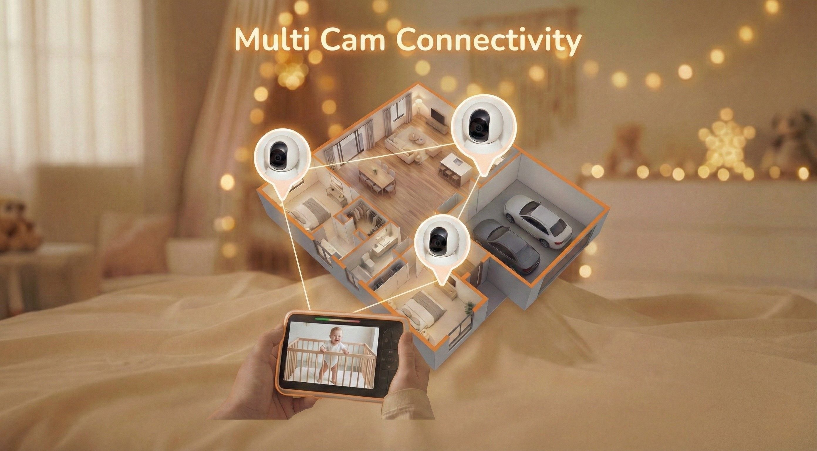 Smart home security system with multiple cameras and a smartphone app on a bed.