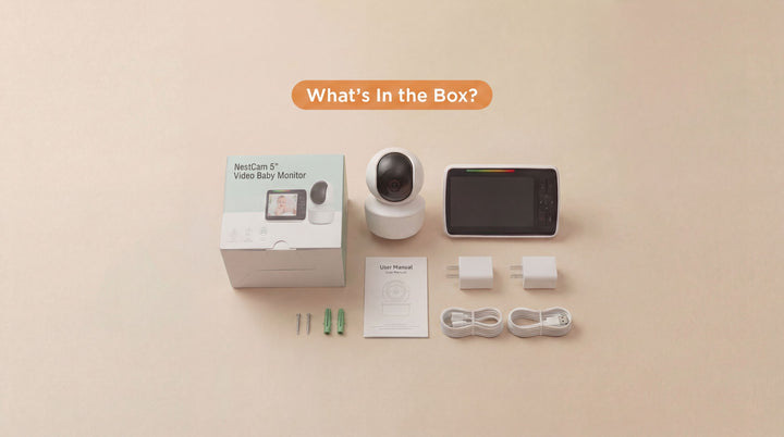 Smart home security system with components displayed on a beige background
