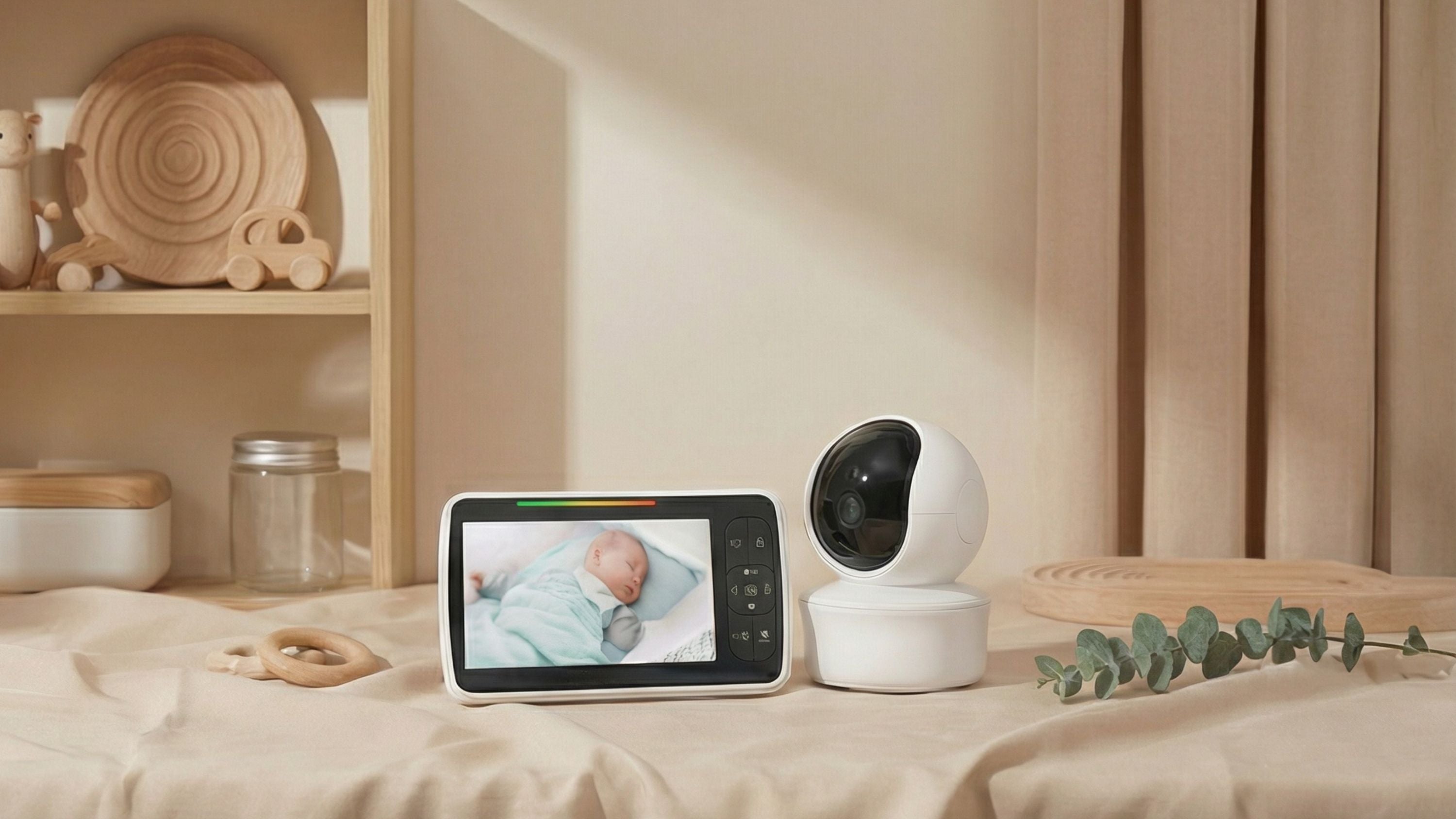 Baby monitor with screen displaying a baby and camera on a bed in a bedroom setting.